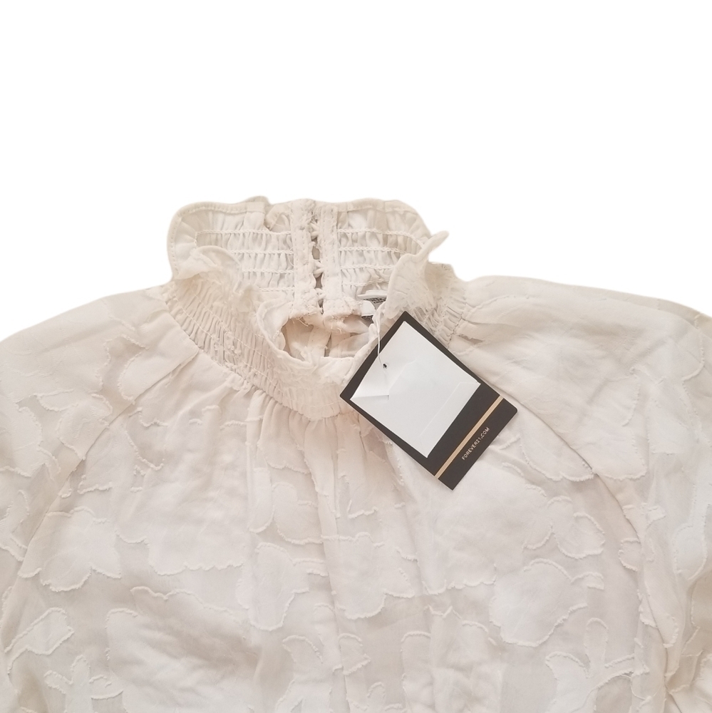 Forever 21 Contemporary Sheer Hi Collar Floral Cropped Blouse Cream Size Small